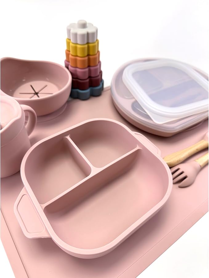 No-Mess Baby Feeding Set — Strong Suction Bowls + Soft Spoons (8-Piece) (Pink)
