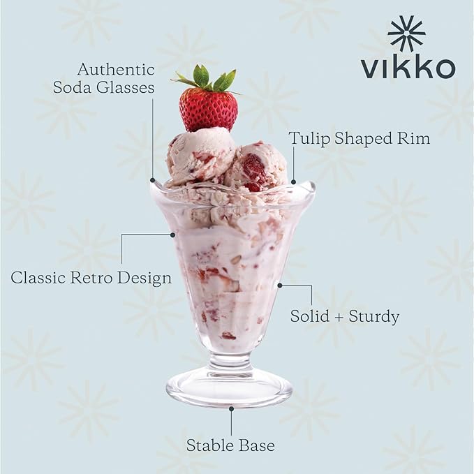 Vikko Glass Footed Ice Cream Cups, Set of 6 MIlk, 7.5 Ounce Milkshake Glasses, Footed Ice Cream Cups, Thick and Durable Parfait Glasses, Ice Cream Bowls, Dishwasher Safe Sundae Glasses