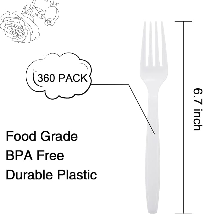 Liacere 360 Pieces White Plastic Forks - Disposable Forks - 6.7inch Heavy Duty Fork - White Plastic Utensils -Perfect for Parties Dinners Restaurants