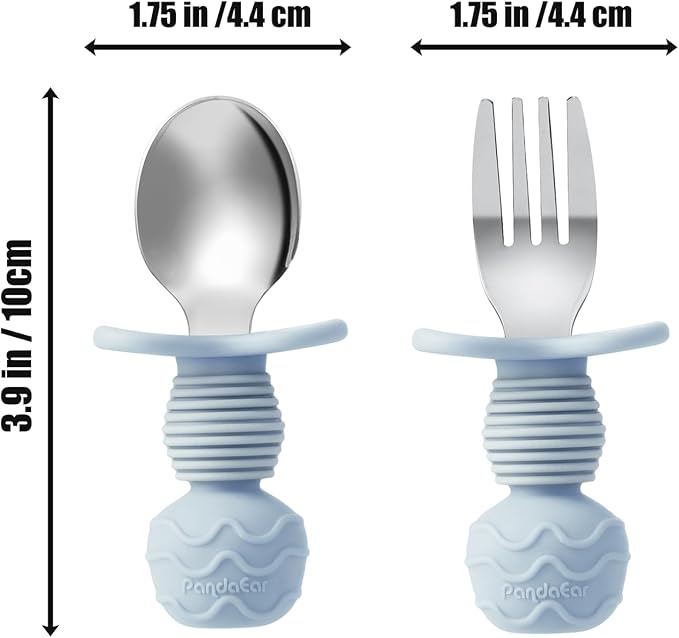 PandaEar 6 Pack Stainless Steel Toddler Spoons and Fork Feeding Set - Anti-Choke First Self Feeding Utensils for Kids Baby Boys Led Weaning Ages 18 Months+ (Blue/Grey/Peach)