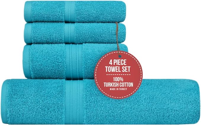 Cozy Bath Towels Set of 4 - Decorative & Absorbent 100% Cotton, Cute, Hotel Quality - Includes 1 Bath Towel (28" x 56"), 1 Hand Towel (16"x28") and 2 Washcloths (12"x12") - Turquoise
