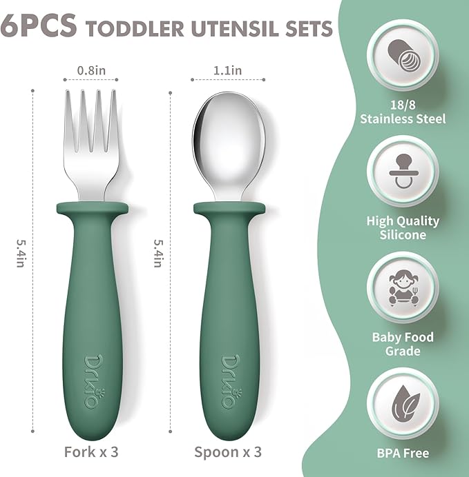 DRKIO 6 Pieces Toddler Utensils Set - Kids Silverware Set with Silicone Handle Children Safe 18/8 Stainless Steel Forks and Spoons Anti-Choke Design Food Grade Dishwasher Safe