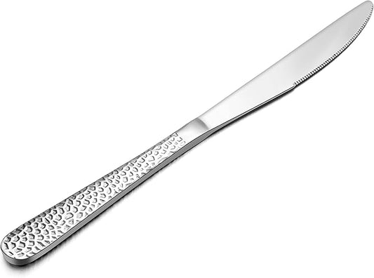 E-far Dinner Knives Set of 12, Stainless Steel Hammered Serrated Table Knife for Home Kitchen Restaurant, Mirror Polished & Dishwasher safe-8.9 Inches