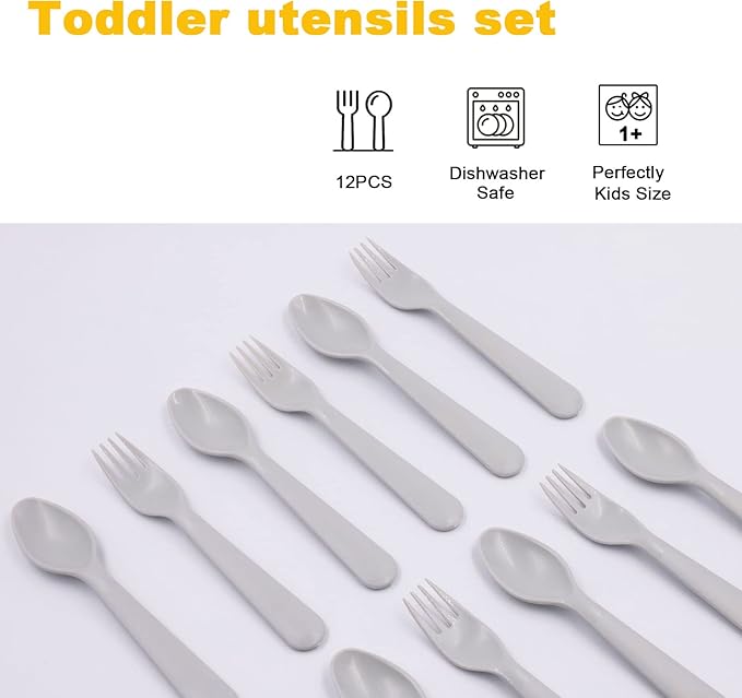 12 Pcs Kids Spoons and Forks Toddler Utensils Plastics Reusable Silverware Baby Cutlery Set Feeding Dinnerware Utensils BPA Free Microwave Dishwasher and Freezer Safe- Grey