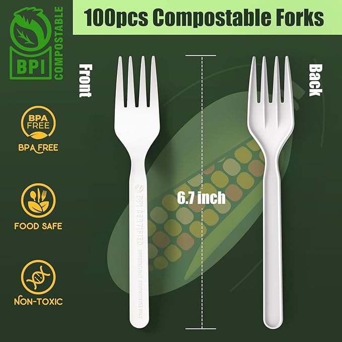 Gezond 100% Compostable Forks 100 Count, No Plastic Biodegradable PLA Forks Disposable Eco Friendly Heavy Duty Cutlery Suitable for Party Picnic Office Everyday Use
