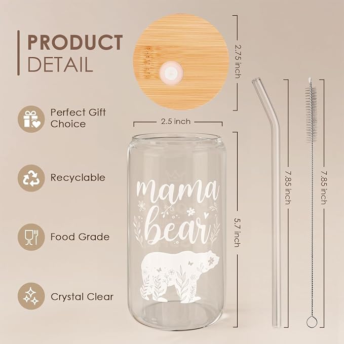 Mom Gifts - Mama Bear 16 Oz Can Glass Tumbler with Bamboo Lid and Straw - Iced Coffee Cups for Women, Aesthetic Glass Cup Gift for Birthday Christmas Mother's Day
