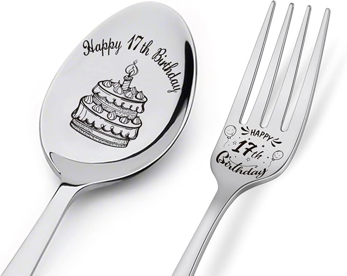 Happy 17th Birthday Spoon&Fork Gifts Engraved Spoon&Fork Personalized Birthday Gifts for Son Daughter Sister Brother Friends