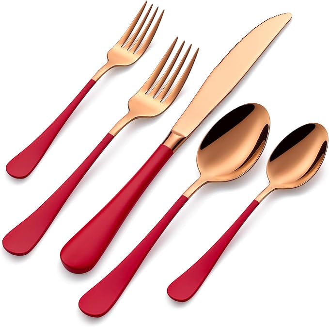 20-Pieces Rose Gold and Red Silverware Sets for 4,Red Handle Stainless Steel Cutlery Set, Include Forks Spoons and Knives Set, Dishwasher Safe Utensil Sets for Home Restaurant
