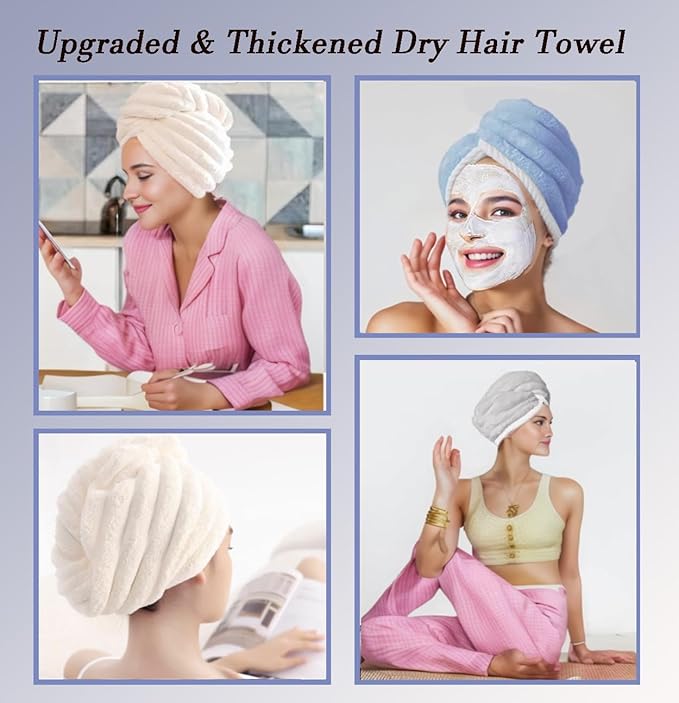 Microfiber Hair Towel Wrap, 2Pack Thickened Drying Hair Wraps Towels with Button. Super Absorbent Drying Hair Towel Wrap for Curly Hair, Anti Frizz Towel for Women. (Off White+Gray)