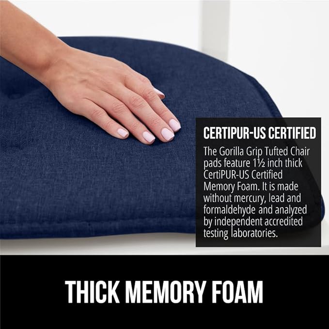 GORILLA GRIP Slip Resistant Tufted Chair Cushions, No Ties Required, Set of 6 Memory Foam Pads for Dining Room, Kitchen Table, Office, Rocking Chairs, Plush Seat Cushion Pad, Home Decor, 16x17, Navy