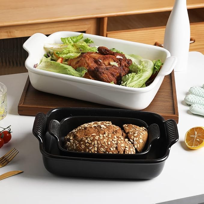 Sweejar Baking Pans Set, Ceramic 9x13 Baking Dish with Handle, Rectangular Casserole Dishes for Oven, Bakeware Sets of 3, Durable Lasagna Pan Deep for Kitchen, Banquet, Wedding Gift(Black)