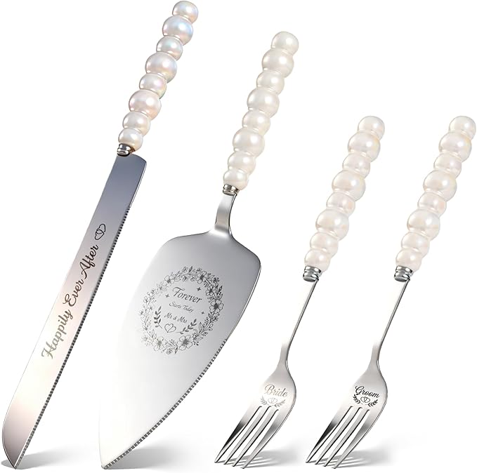 4 Piece Wedding Cake Cutting Set, Knife and Server with Forks, Elegant Wedding Cake Knife and Server Set for Bride and Groom(Pearl Handle Silver)