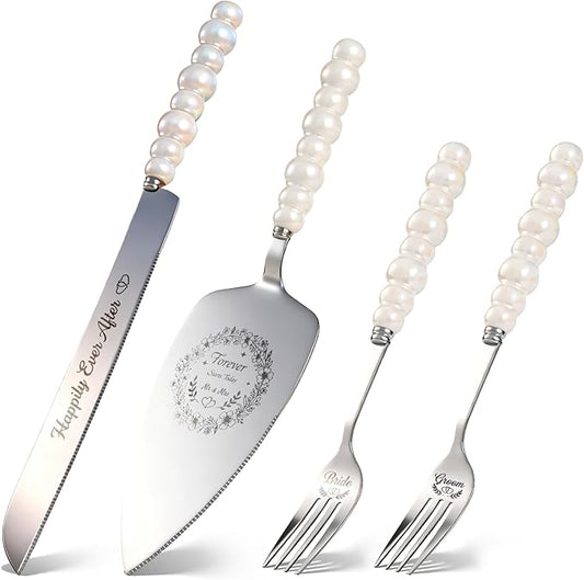 4 Piece Wedding Cake Cutting Set, Knife and Server with Forks, Elegant Wedding Cake Knife and Server Set for Bride and Groom(Pearl Handle Silver)