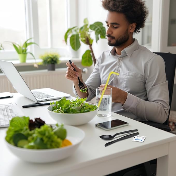 100 pack | Individually wrapped Cutlery set | BlackHeavy Duty Cutlery | Utensil set with Fork, spoon, knife, Napkin, Straw and Salt/Pepper packets (6 in 1) | Plastic Disposable Flatware Cutlery Kits