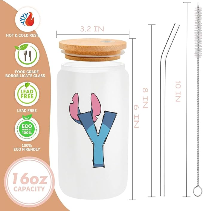Cute Cartoon Lover Gifts Initial A-Z Personalized Iced Coffee Cup Cartoon Merch 16oz Glass Cup with Lid and Straws Birthday Christmas Gifts for Women Teen Girls Fans (Letter Y)