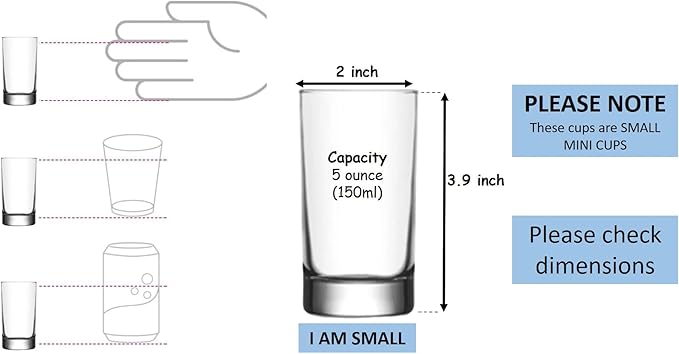 BOHEM'S Small Juice Glasses, Mini Clear Glass Cups Tumblers, 5.1 Oz, Drinking Glassware for Orange Juice, Water, Milk, Coffee, Perfect for Tasting and Small Portions, Set of 6,