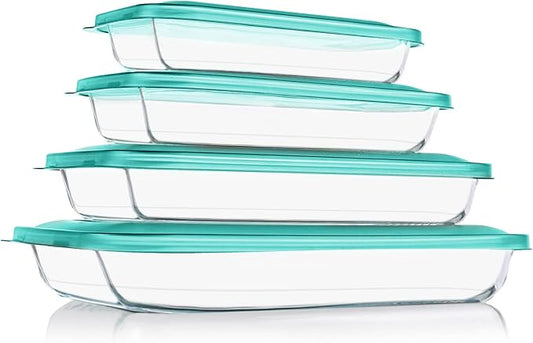 KOMUEE 8 Pieces Glass Baking Dish with Lids Rectangular Glass Baking Pan Bakeware Set with BPA Free Lids, Baking Pans for Lasagna, Leftovers, Cooking, Kitchen, Fridge-to-Oven, Green