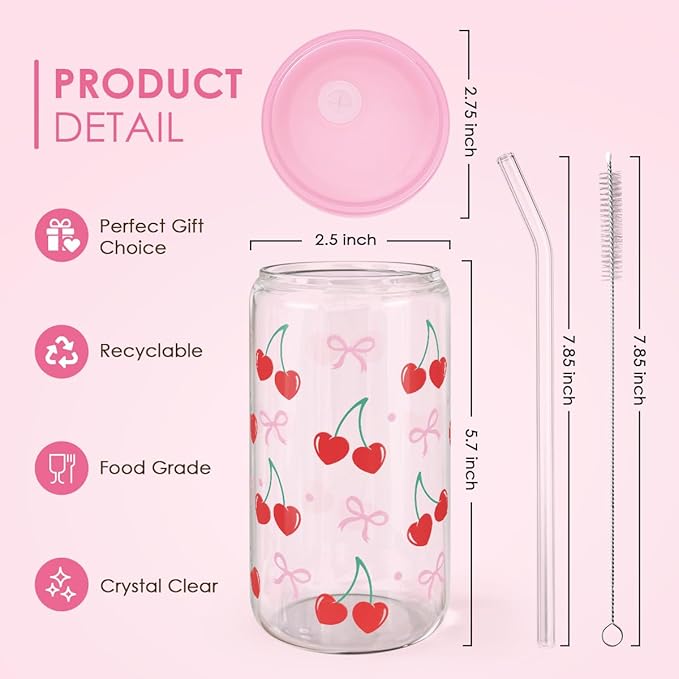 Cherry 16 Oz Can Glass Tumbler with Acrylic Lid and Straw - Iced Coffee Cups for Women, Aesthetic Glass Cup Gift for Birthday Christmas