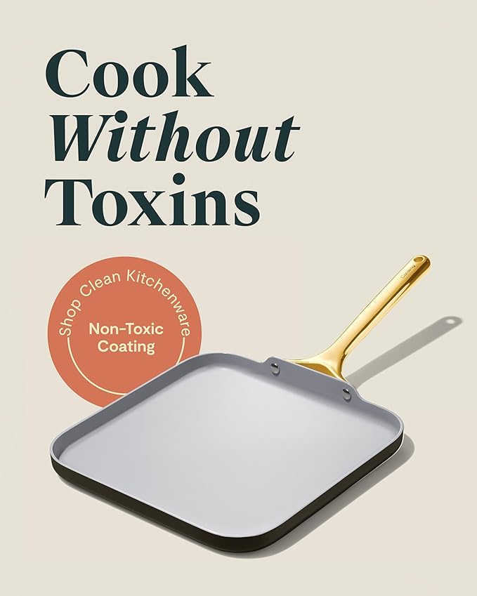 Caraway Square Griddle Pan - 11” Square Pan - Non-Stick Ceramic Coated - Non Toxic, PTFE & PFOA Free - Oven Safe & Compatible with All Stovetops - Black