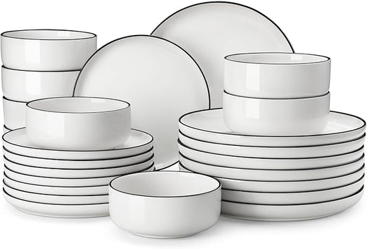 MALACASA Plates and Bowls Sets, 24 Pieces Modern Porcelain Dinnerware Set for 8 White Kitchen Dinner Dining Ware Set wtih Black Rim Ceramic Dishware Dishes Microwave and Dishwasher Safe, Series LUNA
