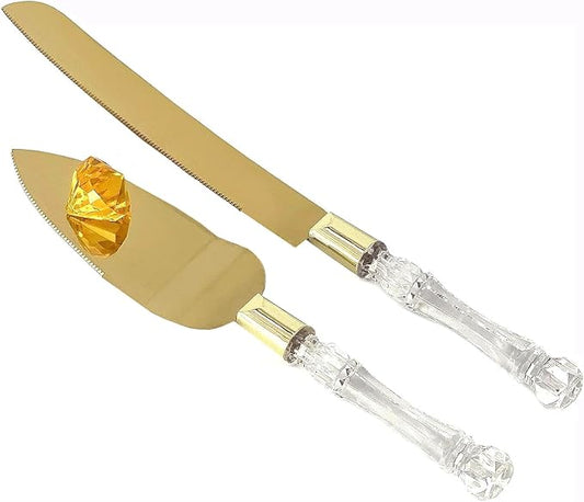 Adorox Elegant Cake Knife and Server Set - Stainless Steel with Crystal Handle - Perfect for Weddings & Anniversaries,and Special Celebrations (Gold)