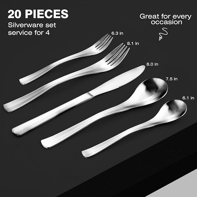 Silverware Set, Bysta 20-Piece Flatware Set, Stainless Steel Utensils Service for 4, Tableware Cutlery Set for Home and Restaurant, Include Knife/Fork/Spoon, Satin Finish, Dishwasher Safe
