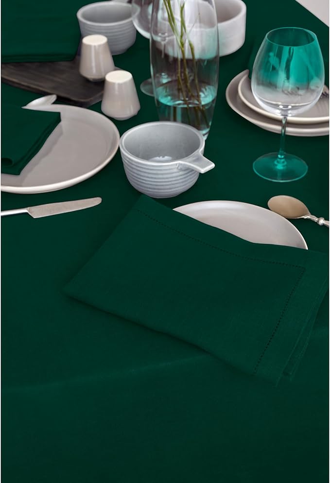 Solino Home Green Linen Tablecloth 70 x 108 Inch - 100% Pure Linen Table Cloth for Rectangle Tables - Sonoma, Machine Washable Tablecloth for Winter, New Year
