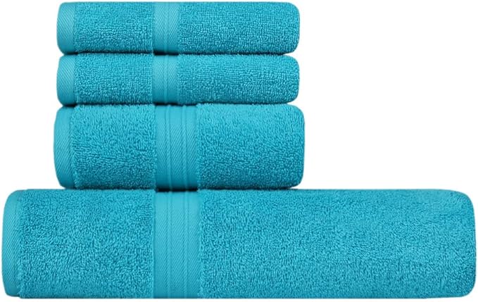 Cozy Bath Towels Set of 4 - Decorative & Absorbent 100% Cotton, Cute, Hotel Quality - Includes 1 Bath Towel (28" x 56"), 1 Hand Towel (16"x28") and 2 Washcloths (12"x12") - Turquoise
