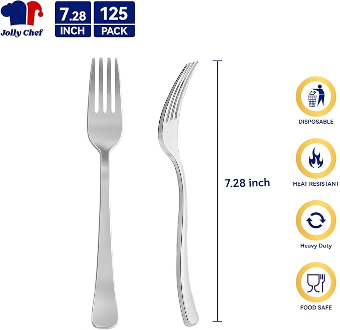 125 Count Silver Plastic Disposable Forks Heavy Duty, 7.28 Inch Heat Resistant Durable Silver Dinner Forks for Parties, Wedding, Daily Events