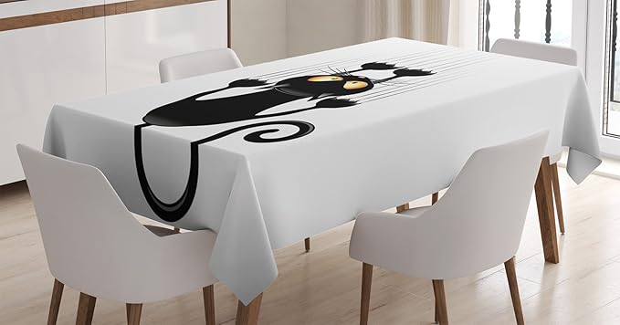 Ambesonne Funny Tablecloth, Naughty Cat Scratching The Wall with His Paws Grumpy Feline Humorous Kitten Graphic, Dining Room Kitchen Rectangular Table Cover, 52" X 70", Black White
