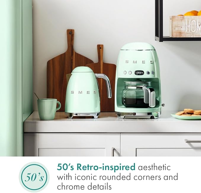 Smeg 50's Retro Style Aesthetic Drip Coffee Machine with 10 Cup Glass Carafe, Auto Start Feature, Keep Warm Plate, and Two Coffee Strength Settings (Pastel Green)