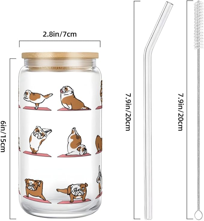 English Bulldog Yoga Glass Cup with Lid & Straws 16 OZ - Drinking Glass Tumbler for Iced Coffee, Smoothie, Cocktail, Beer, Soda - Birthday Christmas Gift for Men, Women, Sister, Friends