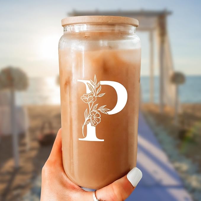 SANDJEST Monogrammed Gifts for Women - Monogram P Initial Glass Cup 16 Oz Can Coffee Cups with Lid and Straw - Monogram Initials Gifts for Womens on Birthday