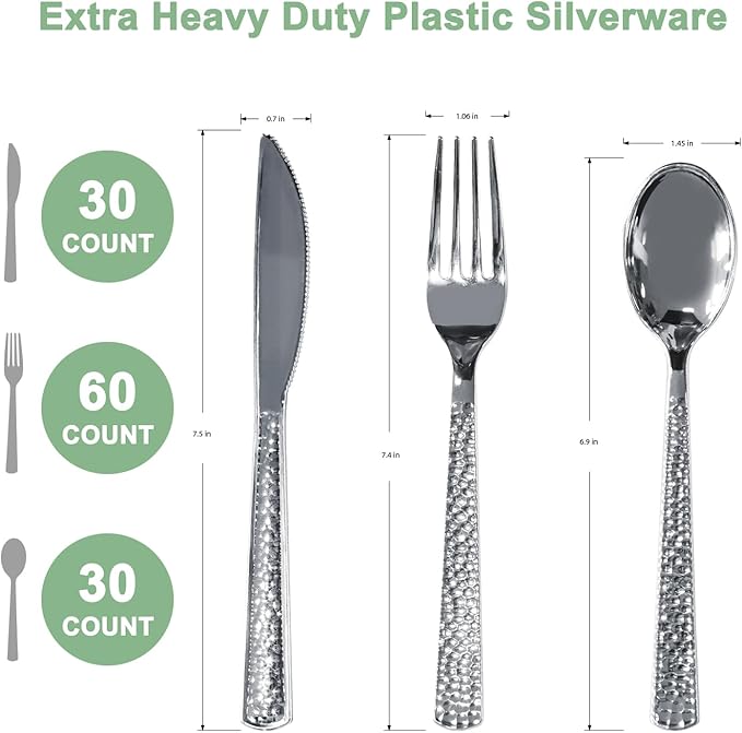 120 Pcs Disposable Cutlery Set, Silvery Plastic Silverware,60 Forks, 30 Spoons, 30 Knives, Heavy Duty Flatware for Holidays, Parties, Dinners, Weddings, and Occasions