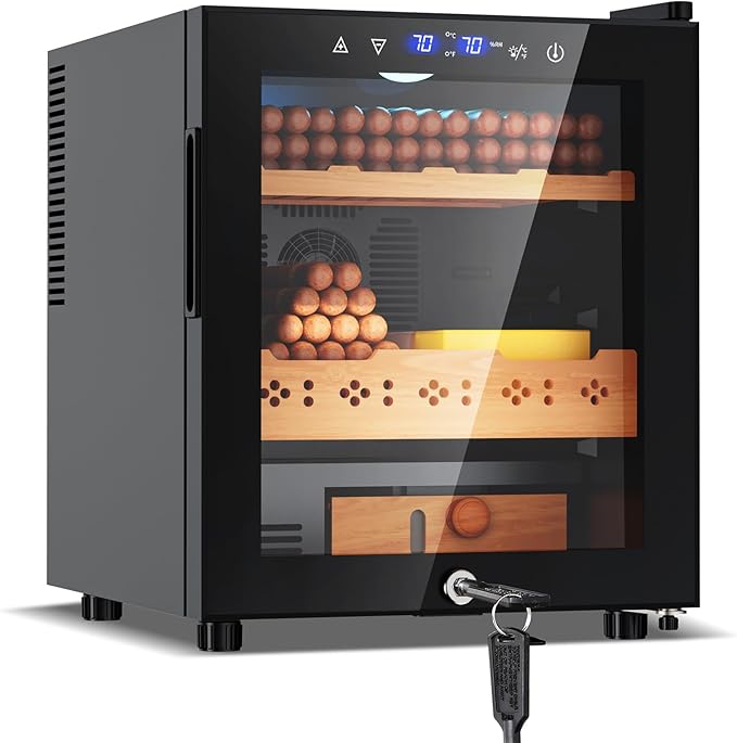 Tylza Cigar Humidor Cabinet 50L, Temp & Humidity Control Electric Humidors for Cigars, 370 Cigars, Digital Hygrometer, Safety Lock, Cigar Humidors with Cedar Wood Drawer Shelves, Cigar Gifts for Men