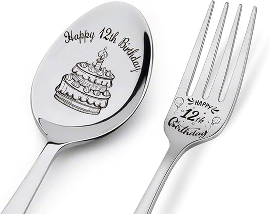 Happy 12th Birthday Spoon&Fork Gifts Engraved Spoon&Fork Personalized Birthday Gifts for Son Daughter Sister Brother Friends