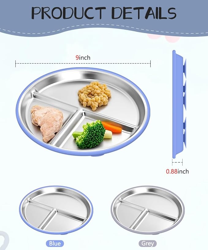 Stainless Steel Baby Plates With Suction,9” Divided Plate Silicone Sleeve For Kids ,Metal Toddler Plates BPA Free Stainless Steel Toddler Plate Unbreakable Dishwasher Safe Set Of 2 Blue and Gray