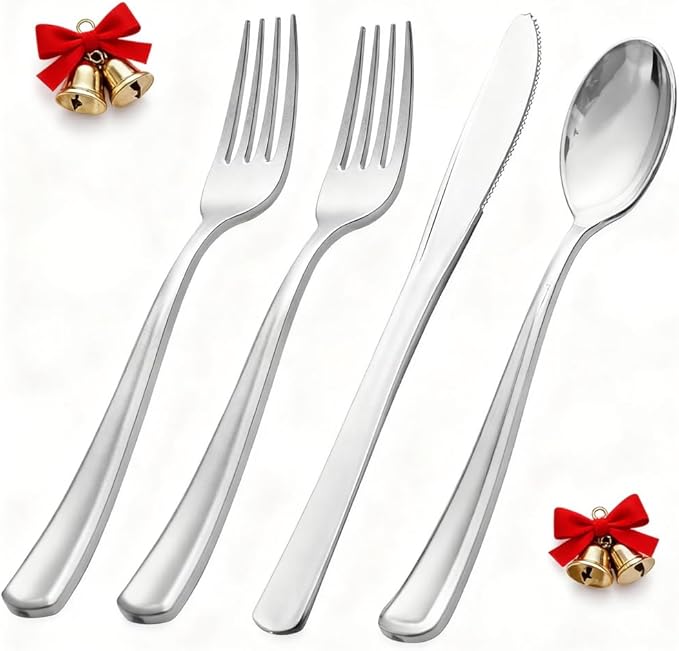 WDF 500PCS Silver Plastic Silverware - Plastic Silver Utensils - 250 Forks, 125 Spoons, 125 Knives, Heavy Duty Disposable Silverware Sets for Parties, Wedding, Christmas