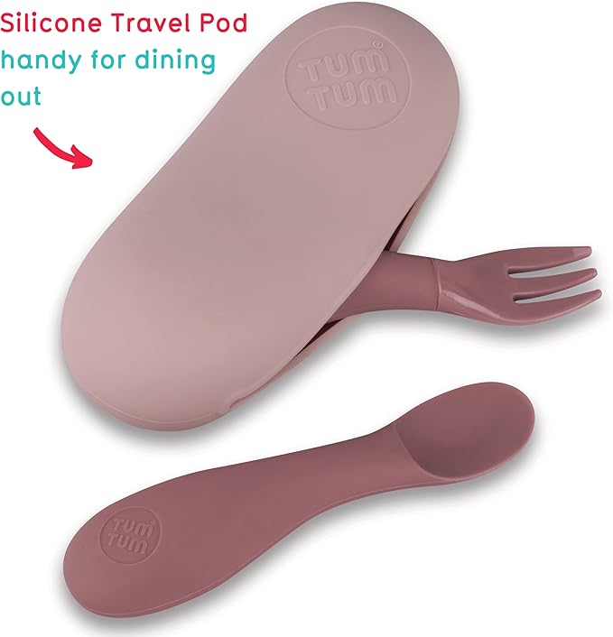Tum Tum Baby Cutlery with Case - Baby Spoon & Fork Set, Self Feeding Cutlery, Silicone, 6+ Months, Pink