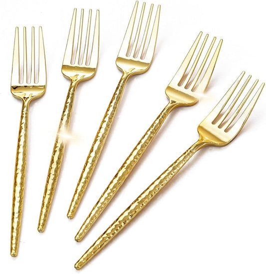 U-QE 180 PCS Gold Plastic Forks - 7.7 Inch Hammered Heavy Duty Plastic Forks - Elegant Gold Plastic Silverware - Perfect for Parties & Weddings and Other Daily Events