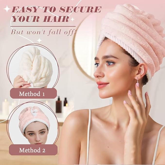 Microfiber Hair Towel Wrap, 2Pack Thickened Drying Hair Wraps Towels with Button. Super Absorbent Drying Hair Towel Wrap for Curly Hair, Anti Frizz Towel for Women. (Pink+ Gray)