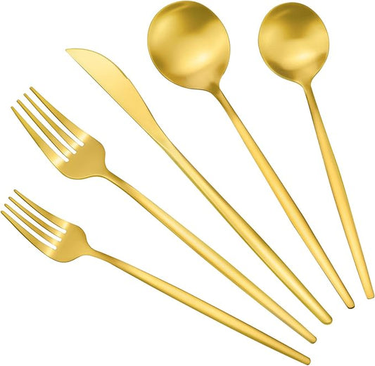 Gold Silverware Set, Stainless Steel Flatware Set for 6, 30-Pieces Cutlery Tableware set Include Spoons And Forks Set, Matte Gold Utensil Set, Stain Finish, Dishwasher Safe.