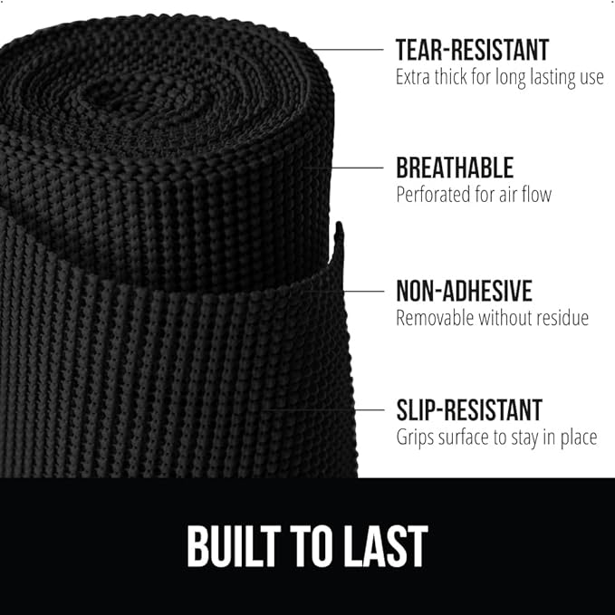 GORILLA GRIP powerGRIP Drawer Shelf and Cabinet Liner, Thick Strong Hold, Non-Adhesive Liners Protect Kitchen Cabinets and Cupboard, Bathroom Drawers, Easy Install, Breathable Mat, 17.5" x10', Black