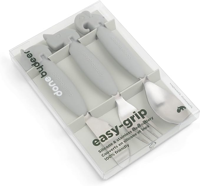 Done by Deer Easy-grip Cutlery Set Deer Friends Grey - Toddler Spoon, Fork and Knife with Soft Silicone Anti-Slip Handles - Sturdy Design for Rough Handling - Comes in Beautiful Gift Box