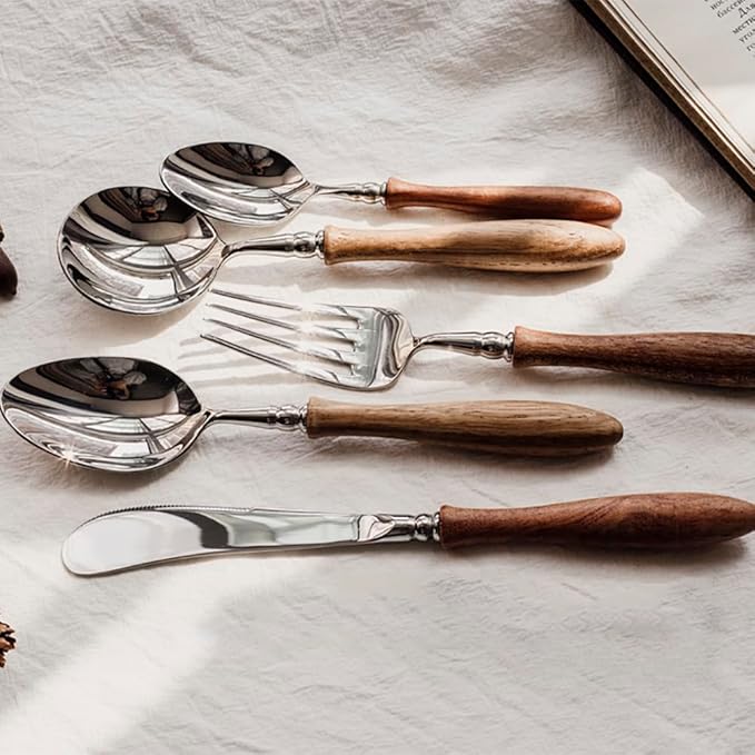 40 Piece Silverware Set Service for 8,Premium Wooden Handle Stainless Steel Flatware Set Home Include Fork Knife Spoon Set Gift Package for Christmas and Thanksgiving（Dark Brown）