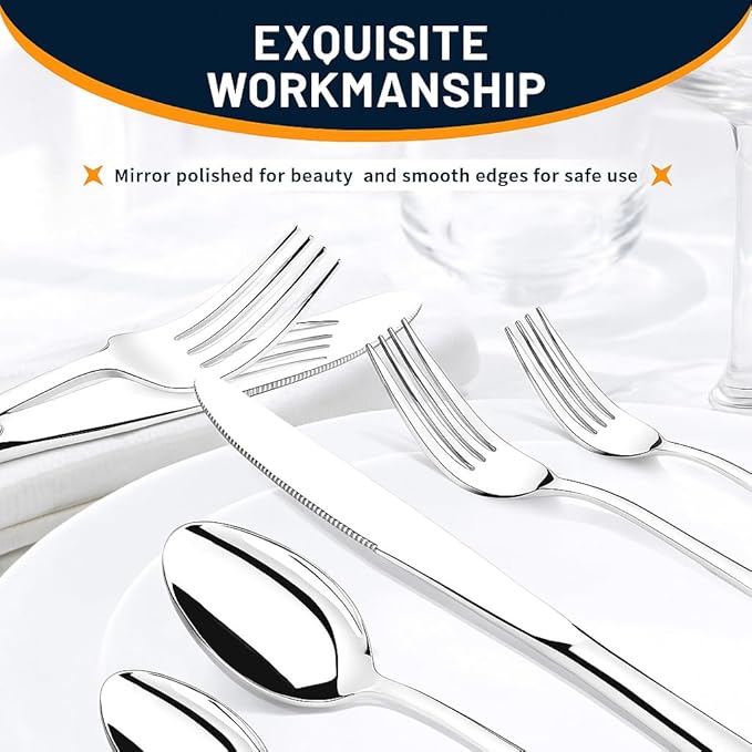 Silverware Set, 40 Piece Stainless Steel Cutlery Sets for 8, Heavy Duty Flatware, Mirror Polished Forks Spoons and Knives Set, Reusable Utensils for Home Kitchen, Dishwasher Safe