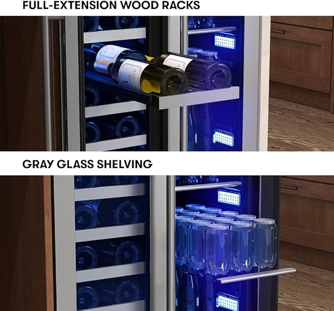 Zephyr Presrv 24 Inch Wine Fridge & Beverage Refrigerator Dual Zone Under Counter - Wine Cooler Cellars Small Beer Fridge Cabinet Drink Chiller Freestanding with French Glass Door 21 Bottles, 64 Cans