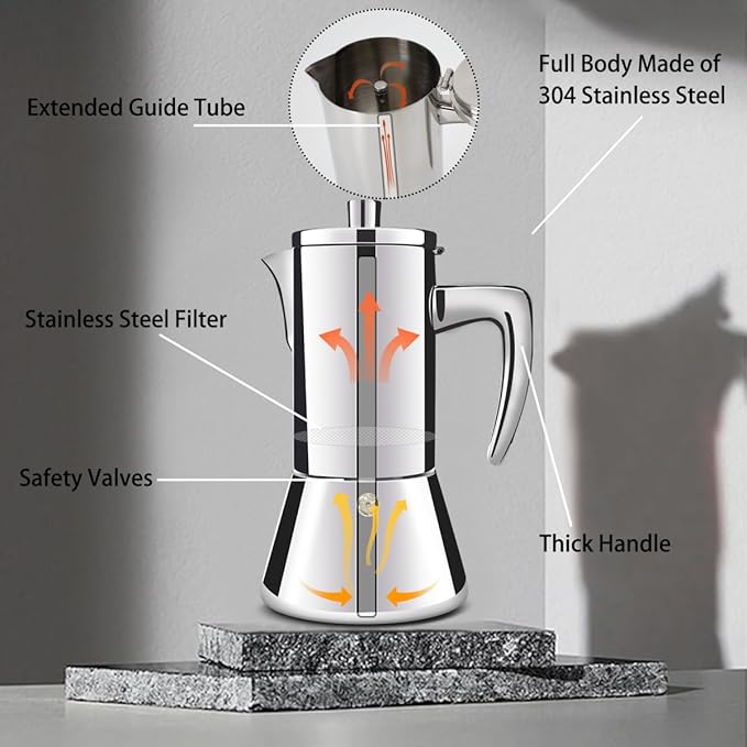 6 Cup Thickened 304 Stainless Steel Moka Pot Stovetop Espresso Maker Cafeteras Italian Percolator Espress Makers Capable Greca Mocha Coffee Machine for Induction Home and Camping 300ml 10oz