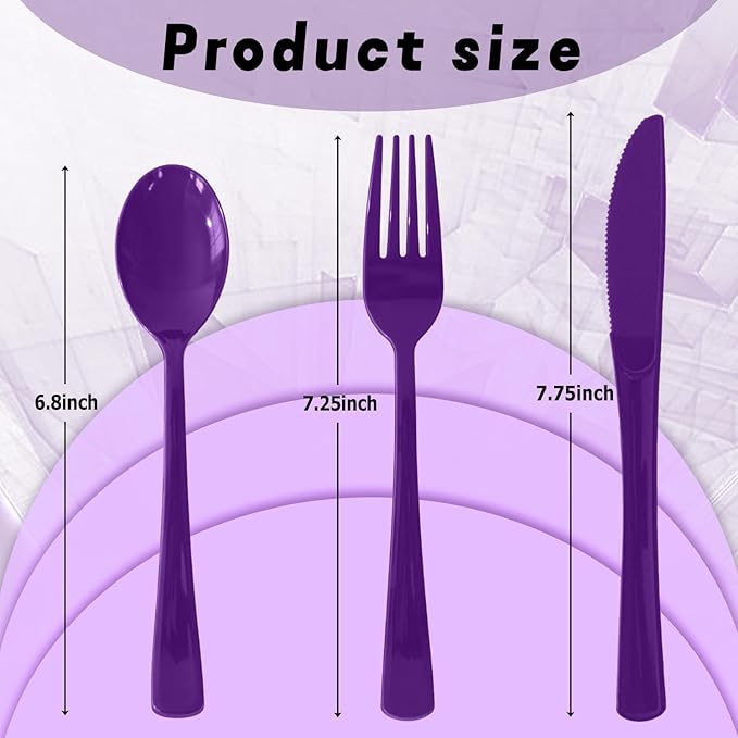 300 Pack Disposable Plastic Silverware, Heavy Duty Purple Plastic Cutlery Set Includes 100 Forks 100 Knives 100 Spoons for Birthday Wedding Party Picnics (300, Purple)