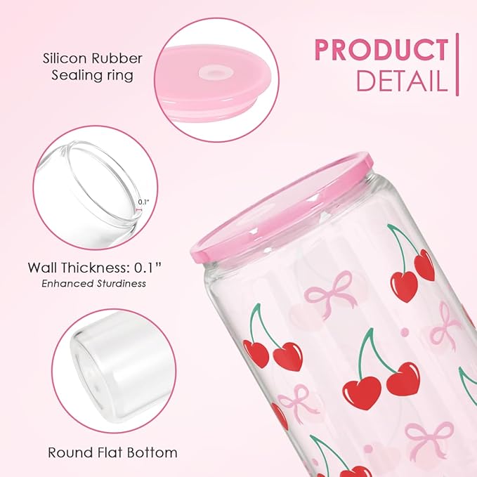 Cherry 16 Oz Can Glass Tumbler with Acrylic Lid and Straw - Iced Coffee Cups for Women, Aesthetic Glass Cup Gift for Birthday Christmas